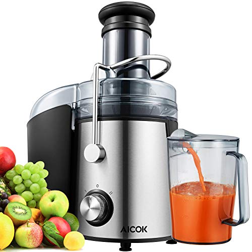 Licuadora Para Verduras y Frutas, Aicok Boca Ancha de 75MM Extractor de Zumos Exprimidor Centrífugo, 800W Extractor de Zumos de Acero Inoxidable, 2 Velocidades con Base Antideslizante, Libre de BPA