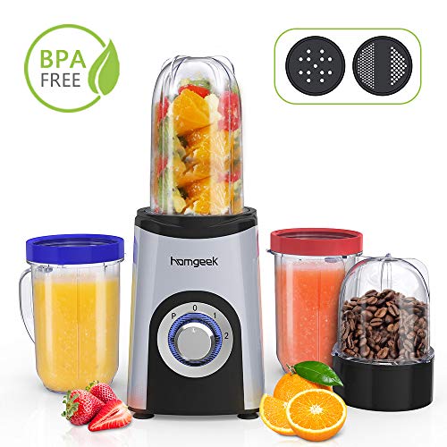 homgeek Batidora de Vaso, Licuadora Smoothies de Alta Velocidad con 350W, 2 Velocidades Molinillo, Licuadora Pequeña para Batidos de Frutas y Verduras, Fácil de Limpiar, Sin BPA (Plata)
