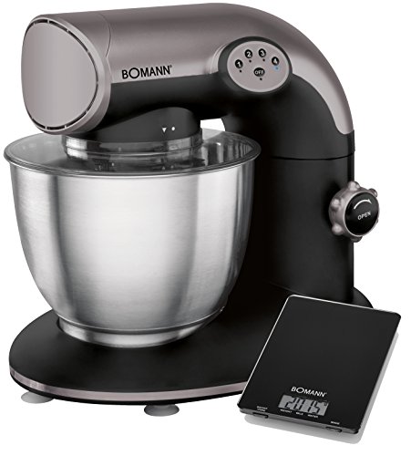 Bomann KM 315 Batidora amasadora, 5.6 litros, 5 velocidades, 1200 W, incluye báscula de cocina, Acero Inoxidable, Negro y plateado