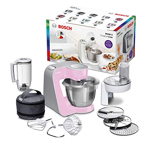 Bosch MUM58K20 CreationLine, Procesador de alimentos (1000 W, 3, 9 l, recipiente de mezcla de acero inoxidable, trituradora continua, accesorio para licuadora), rosa plateado (rosa)