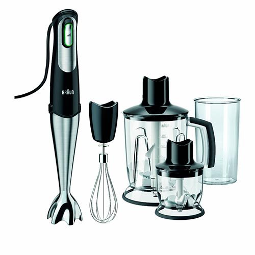 Braun Minipimer MQ745 Aperitif - Batidora de mano, 750 w, accesorio picadora 350 ml, varillas, picador hielo, vaso medidor 0,6 l, negro y plata