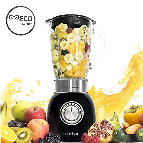 Batidora americana de vaso de 1000 W, cristal fundido termorresistente y cuchillas de titanio, Power Titanium 1000 Black de Cecotec