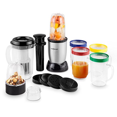 Oneconcept Smoothy 2G batidora multifunción 4 en 1 (220 W, 4 recipientes con Tapa, Vaso medidor, exprimidor, Motor silencioso) - Plateado