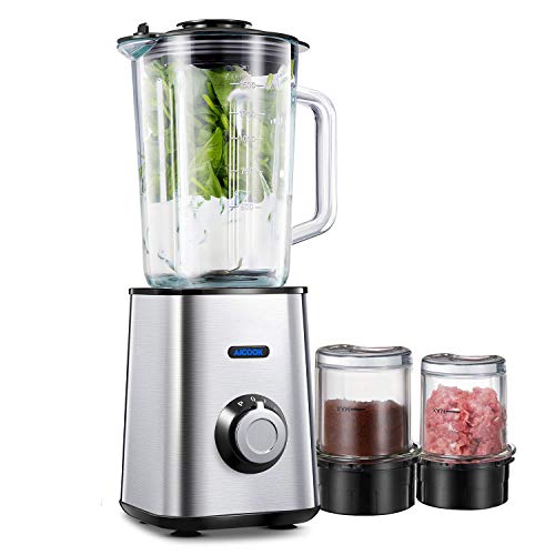 Batidora de Vaso, AICOOK Batidora 3 en 1 con Molinillo y Picadora de Carne, Batidora Smoothie para Batidos y Alimentos para Bebés, Base de Acero Inoxidable, 6 Cuchillas de Titanio, 1.5 L