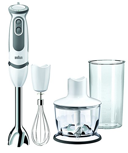 Braun Minipimer 5 MQ5035 Sauce - Batidora de mano, 750 w potencia, 21 velocidades, vaso medidor 0,6l, campana anti-salpicaduras, accesorio batidor, accesorio picador, blanco y gris