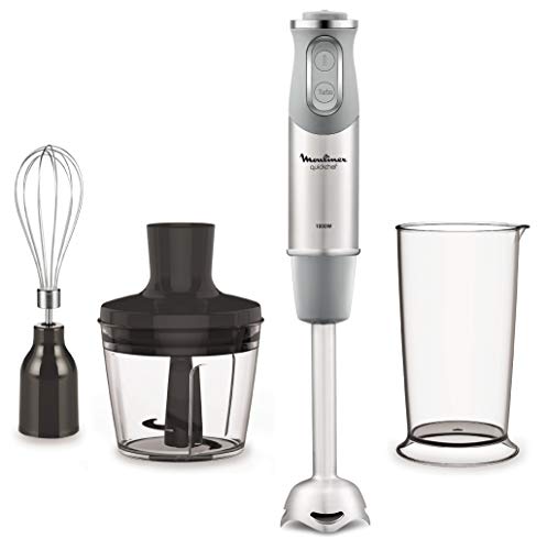 Moulinex QuickChef DD655D10 Batidora de Mano de 1000 W, con Regulador de 10 Velocidad Turbo con 2 Accesorios para Picar y para Montar y Vaso Medidor, Cúpula Antisalpicaduras, Acero