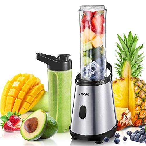 Batidora de Vaso, Decen Mini Batidora para Smoothies con 2 Portátil Botellas Tritan, Libre de BPA, Cuchillas Revestidas de Titanio, 300 W, Plata