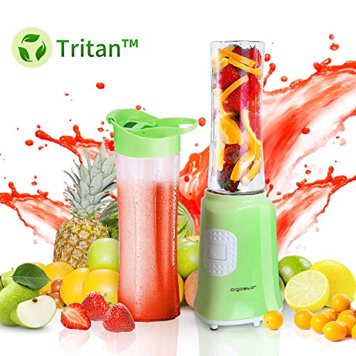 Aigostar Summer 30IWW - Batidora de vaso portátil para smoothies, batidos y picar frutas, 350W. Incluye 2 vasos de Tritan de 600 ml y 2 tapas. Color verde. Libre de BPA. Diseño exclusivo.