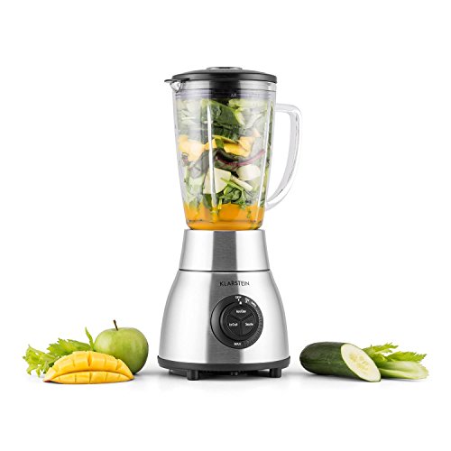 Klarstein Herakles Steel • Batidora de Vaso • Batidora Americana • Smoothie Maker • 1200 W • 20.000 revoluciones por Minuto • 1,8 litros • 4 Cuchillas de Acero Inoxidable • Jarra de Vidrio • Plateado