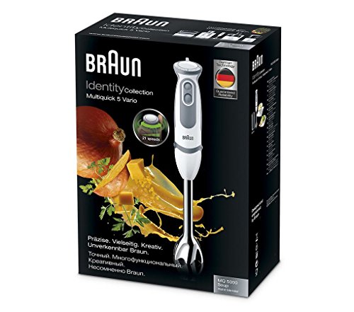 Braun Minipimer 5 MQ5000 Soup - Batidora de mano, 750 w potencia, 21 velocidades, campana acero inoxidable, incluye vaso medidor 600 ml, blanco y gris