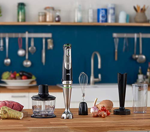Braun Minipimer 9 MQ9037x Sauce - Batidora de mano eléctrica, tecnología active blade, campana anti-salpicaduras, picadora de 0.5 l y varillas, 1000 w, plástico, negro y plata