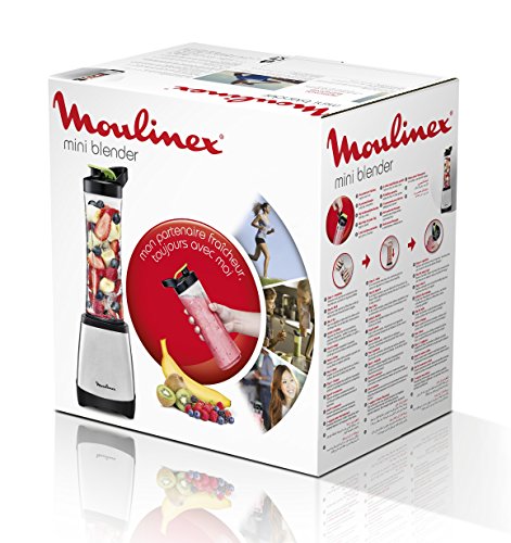 Moulinex Smoothie & Twist LM1A0D10 Batidora individual con potencia de 300 W de 4 cuchillas con recipiente portátil de 600 ml, vaso apto para lavavajillas, cuerpo acero inoxidable