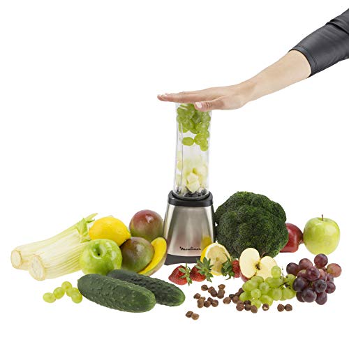 Moulinex Smoothie & Twist LM1A0D10 Batidora individual con potencia de 300 W de 4 cuchillas con recipiente portátil de 600 ml, vaso apto para lavavajillas, cuerpo acero inoxidable