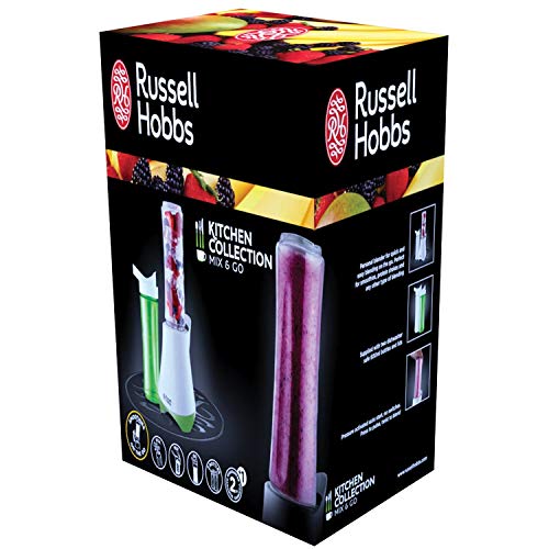 Russell Hobbs 21350-56 Mix&Go Cool Explore - Batidora de 300 W, 2 vasos con tapa de 600 ml para llevar, pica hielo, 2 tubos refrigerantes, libre de BPA, blanco/verde