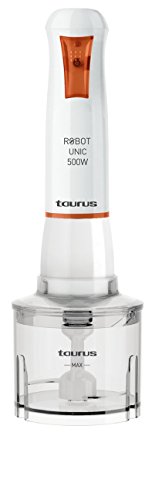 Taurus Robot Unic Plus INOX-Batidora de Vaso (500 W, Cuchillas en Acero Inoxidable, Sistema antisalpicaduras, Accesorios), Blanco y Naranja, 0 Decibeles, Plástico