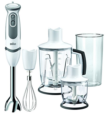 Braun Minipimer 5 MQ5045 Aperitif - Batidora de mano, 750 W potencia, 21 velocidades, vaso medidor 0,6l, campana anti-salpicaduras, accesorios monta-claras, picador y varillas incluidos, blanco y gris